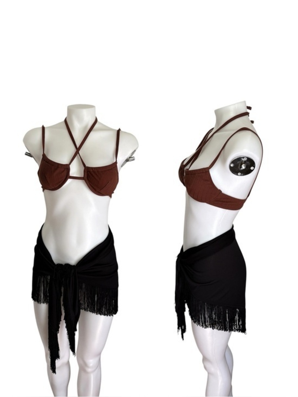Brown Ribbed Underwire Halter Bikini Top - Criss Cross Straps